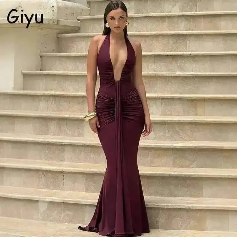 Giyu Sexy Evening Club Party Dresses Women 2025 Summer Ruched Bodycon Dress Deep V Neck Halter Draped Backless Elegant Robe — image 2