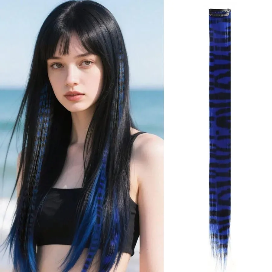 Stripe Printed Clip in Hair Extensions Colorful Synthetic Hair Highlights 18 Inches Straight Wig Hairpieces for Daily Use Party