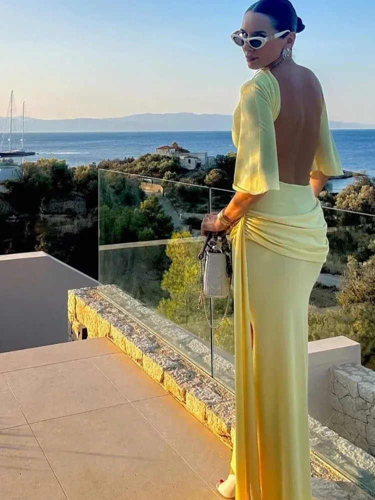 Women's Solid Yellow Backless Maxi Dress Elegant Split Slim Fit Pleated Half Sleeve Long Dresses 2025 High Street Summer Gowns