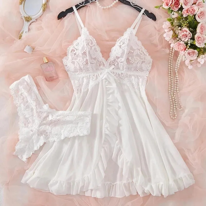 Women Lace Lingerie Set Solid Soft Slim Bra Nightdress Sexy Sleepwear For Women — image 7