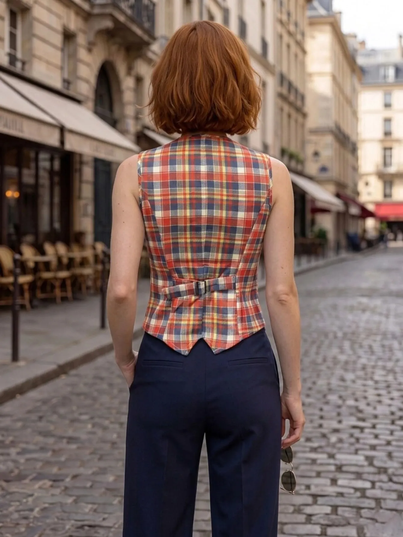 Women Plaid Print Sleeveless Button‑Front V Neck Cropped Vest Top Casual Daily Streetwear Fashion Shirt