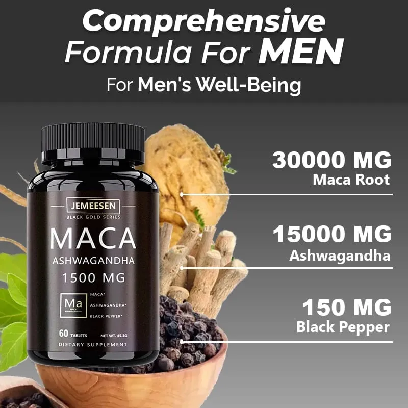 Økologiske Maca Root Powder Kapsler 1500mg indeholdende Maca Root Extract Ashwagandha Black Pepper Supplements for Mænd