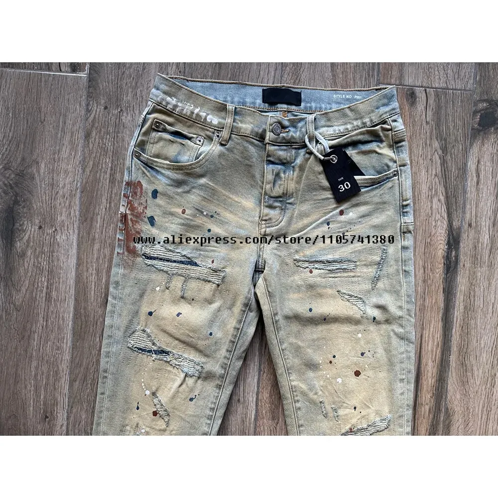 Men's High Street Distressed Washed Light Blue Graffiti Damaged Holes Stretch Skinny Button Fly Ripped Jeans Pants