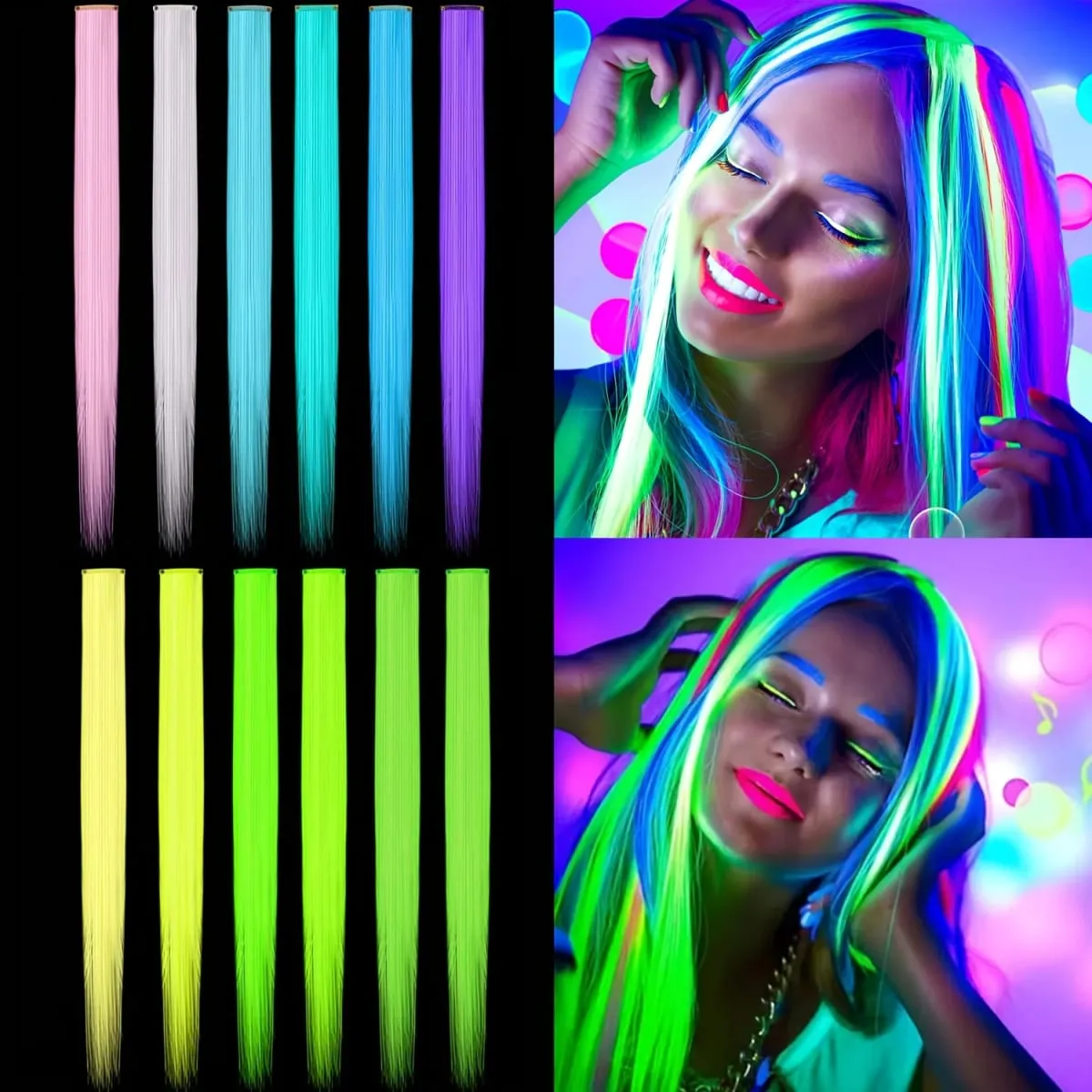 4-Pieces Synthetic Hair Extensions with Luminous Fluorescent Glow for Women - Clip-In Smooth & Soft Easy to Wear for Parties — image 2