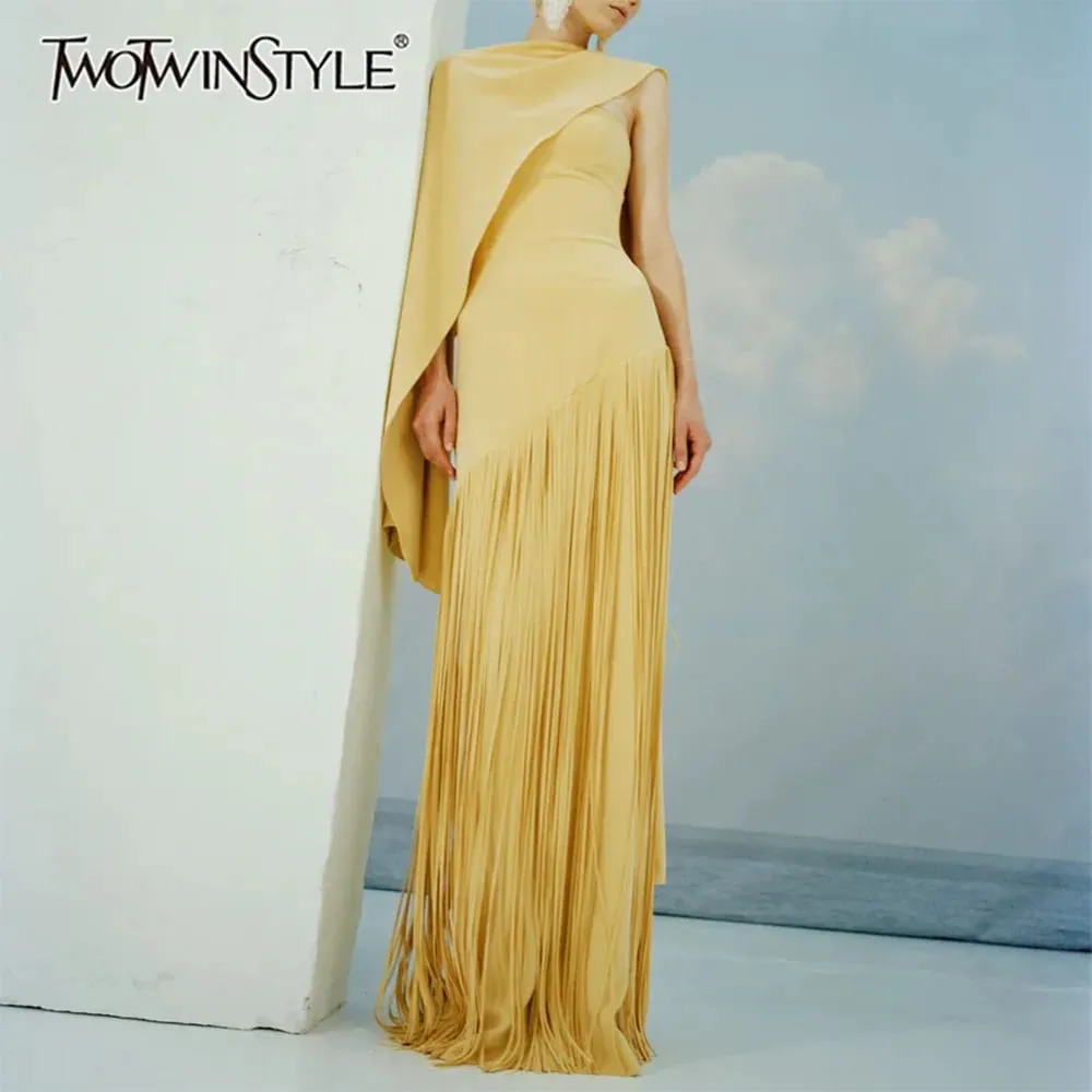 Solid Loose Spliced Tassel Chic Dresses for Women O Neck Sleeveless Luxury Elegant Dress Female Summer Fashion New