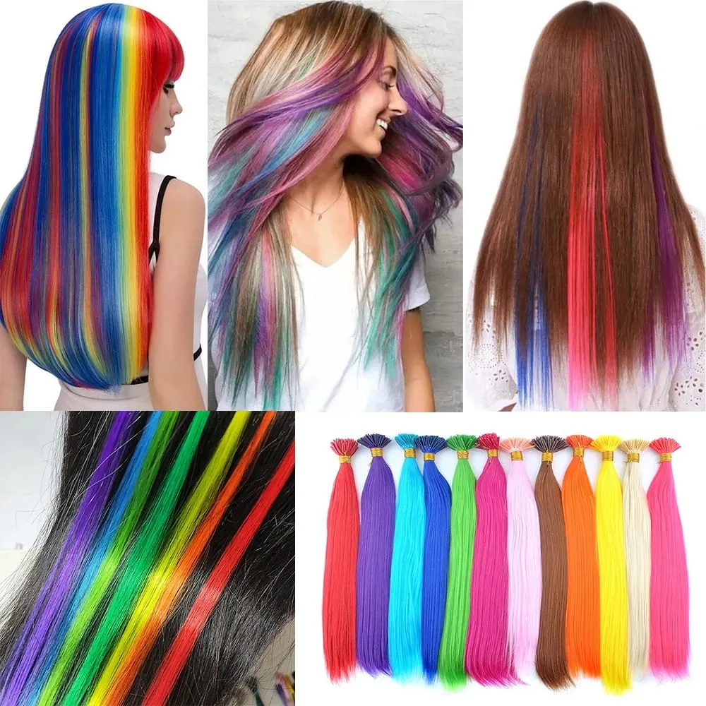 50 Strands/Pack Synthetic Colored I-Tip Stick Hair Extensions Straight Hair 16 Inch For Women High Temperature Fiber Hairpieces