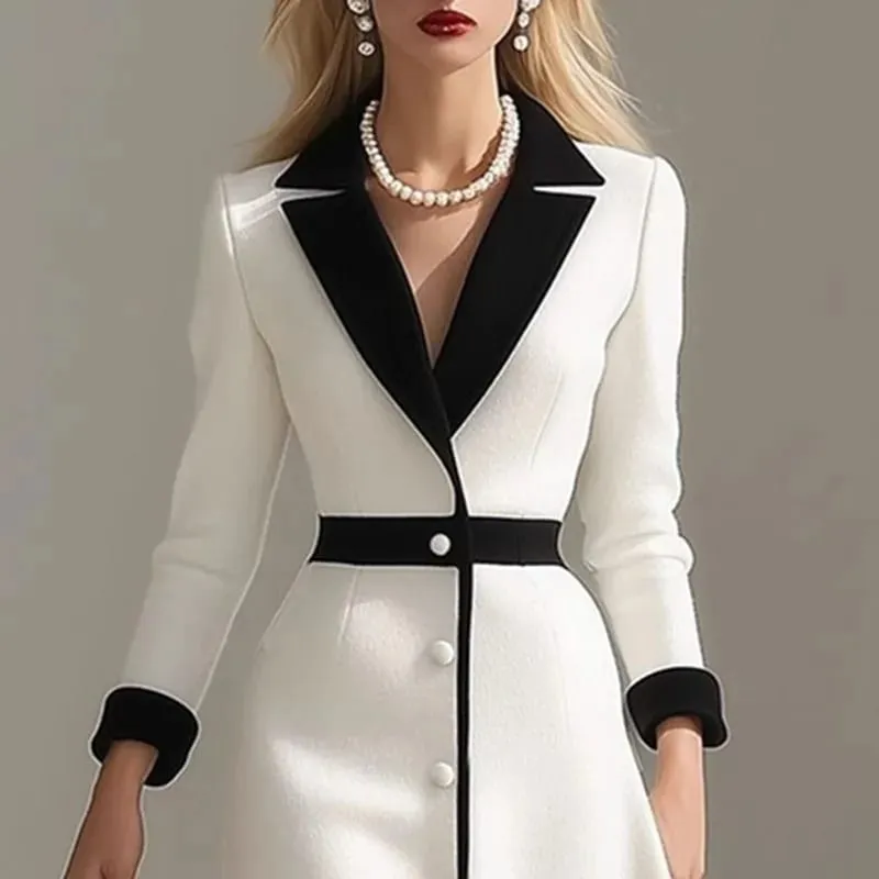 French Color Block Notched Collar Blazer Dresses Woman Button Decoration A-Line Office Dress Fall 3/4 Sleeve Elegant Party Dress