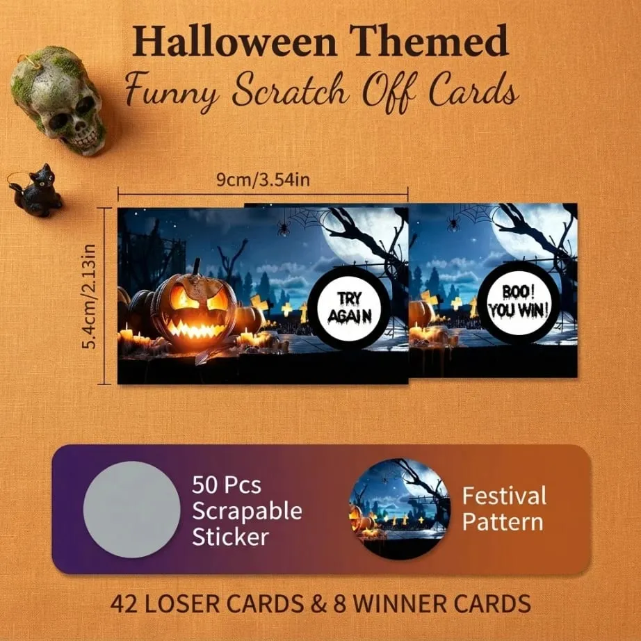 50pcs Halloween scratch-off cards—scratch to win and unlock prizes; perfect for Halloween-themed interactive activities.