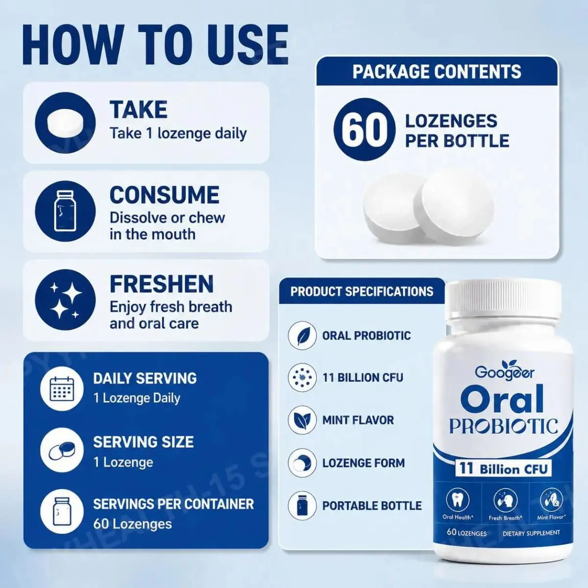 Googeer Oral Probiotic Lozenges 11 Billion CFU Mint Flavor Supports Oral Gum Throat Health and Fresh Morning Breath 60 Lozenges