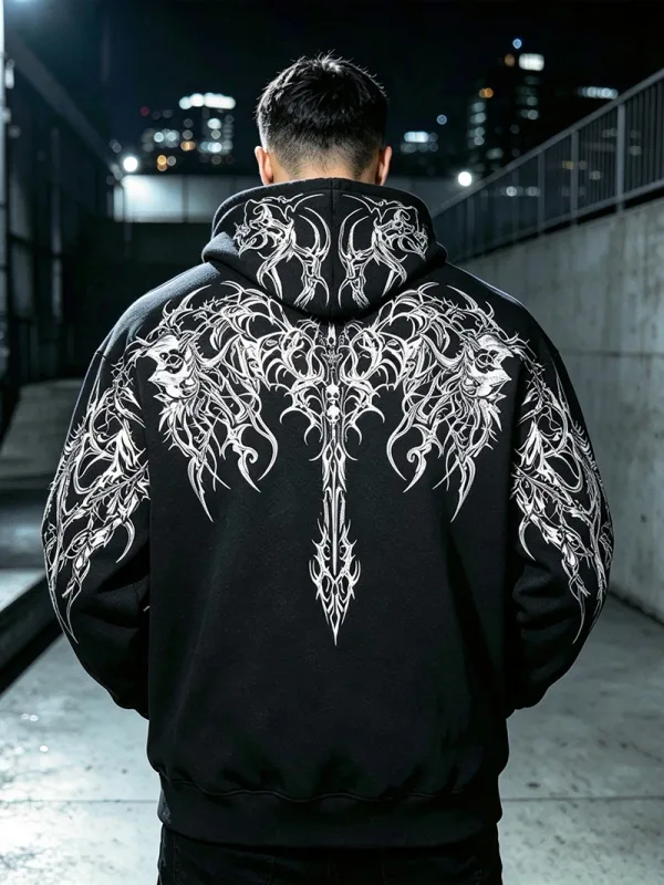 Men Alt Gothic Pullover Hoodie Y2k High Street American Style Dark Thorn Print Fleece Lined Loose Biker Fall Winter Sweatshirt