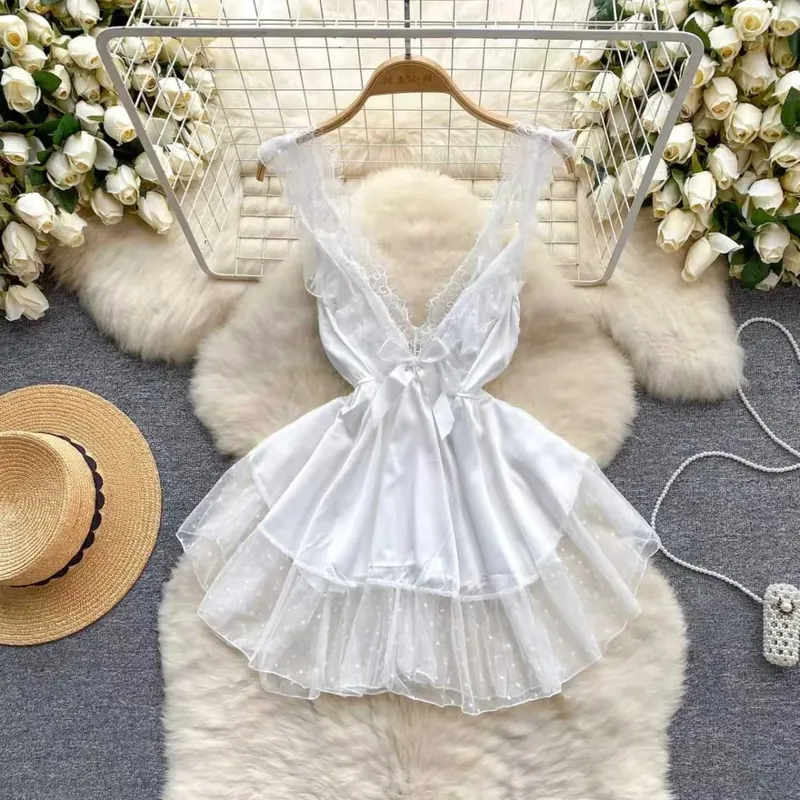 Women Sensual Lace Dress Women V-Neck Open crotch Slim Comfortable Dress Fashion Breathable Sheer Mesh Short Dress New