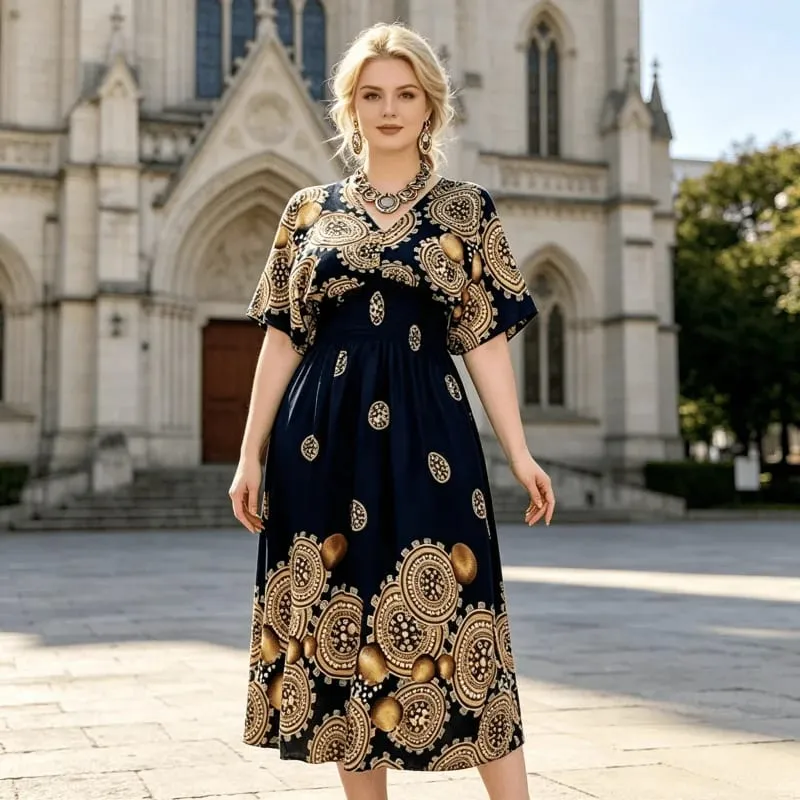 Boho Holiday Women V-Neck Batswing Short Sleeve A-Line Midi Dresses Slim Elastic Waist Casual Vintage Office Lady Elegance Dress