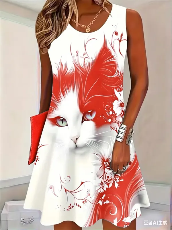 2026 New Fashion Cat Pattern Women Mini Dresses Summer Sleeveless 3D Printed Street Hip Hop Ladies Dress 3XL Plus Size Dress — image 6