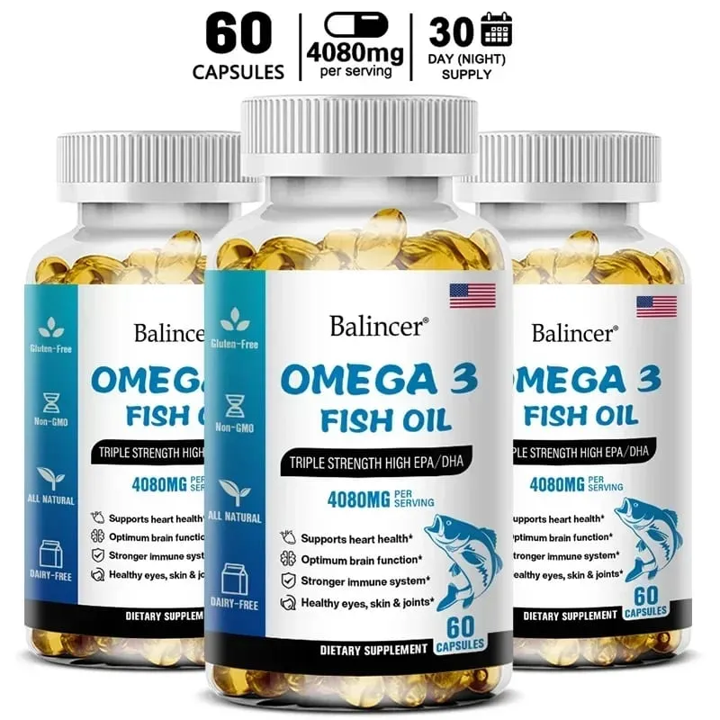 Balincer Wild Caught Omega 3 Minyak Ikan Softgels- Kekuatan Tiga Kali Lipat Tinggi EPA 1200mg DHA 900mg Non-GMO Suplemen Makanan Bebas Gluten
