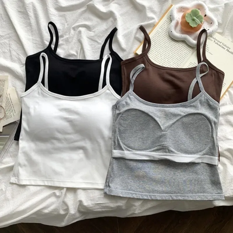 1PC Women's Solid Color Spaghetti Straps Sleeveless Slim Camisole With Chest Pad