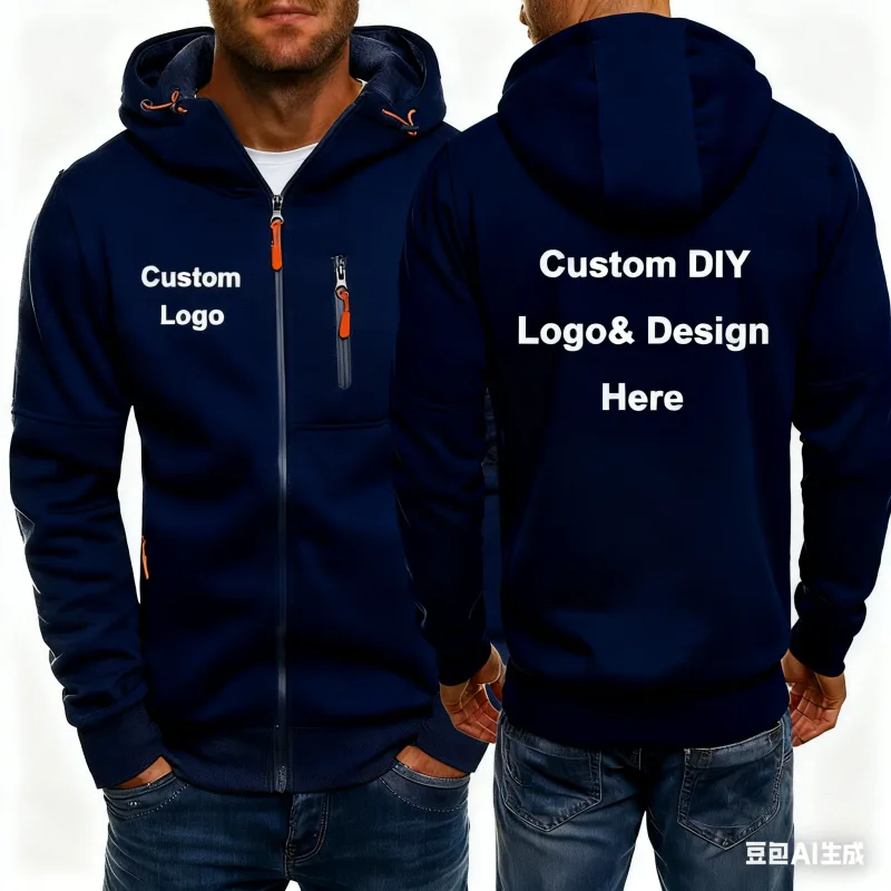 Men's hooded zipper jacket with pockets custom logo image text casual sports streetwear men's cardigan wool sweater fashion — image 2