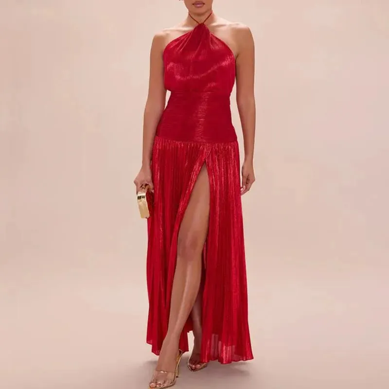ทองเซ็กซี่ Halter สูงแยกชุดราตรีผู้หญิง Chic Solid Hollow จีบยาวชุดฤดูใบไม้ผลิฤดูร้อน Backless Zip Maxi ชุด