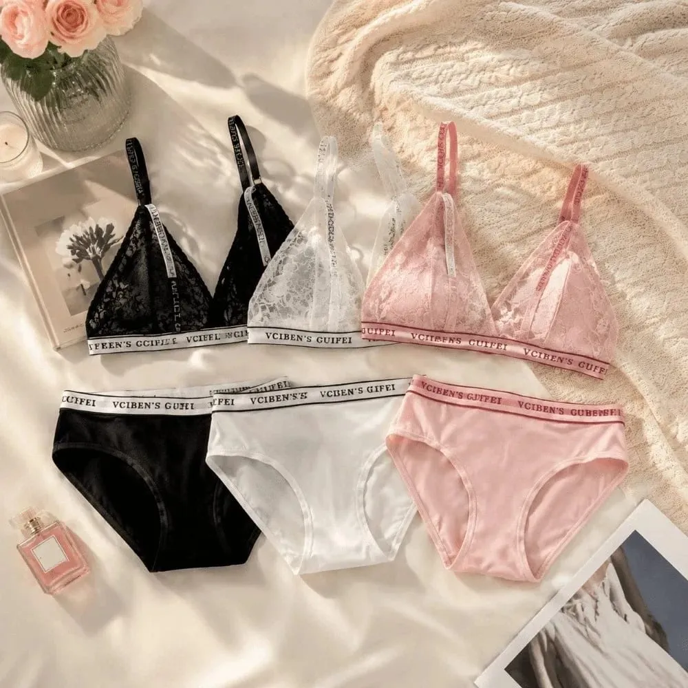 Comfortable Letter Design Lingerie Set Lace Deep V Women Underwear Suit Wireless Color Blocking Bra Panties Set Famle — image 5