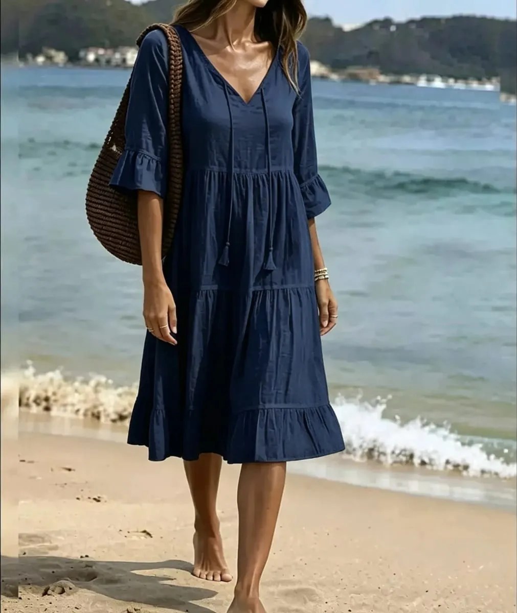 Women V Neck Tassel Drawstring Tiered Midi Dress 3/4 Flare Sleeve Loose Casual Beach Vacation Dress For Summer