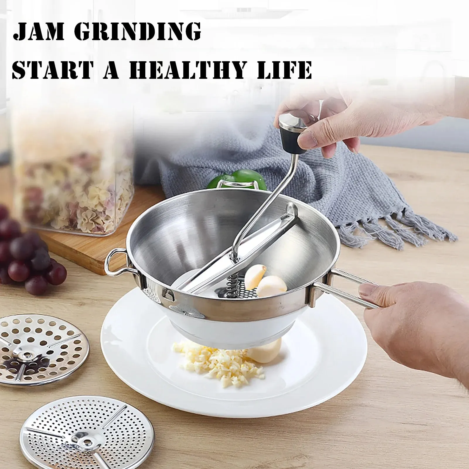 Stainless Rotary Food Mill Multifunctional Jams Mill with 3 Discs Durable Food Manual Grinder Vegetable Mud