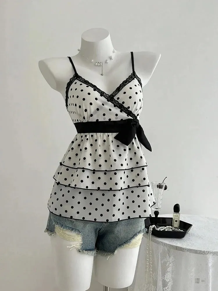 French-Style Retro Lace Patchwork Color-Blocked Bow Polka Dot Camisole Sweet Youthful Stylish Slimming Vacation High-End Top for Women Women's Clothing