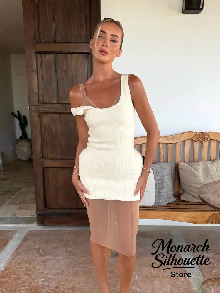 Solid Knit U Neck Mesh Mini Dress Women Chic Sleeveless Ribbed Tank Minimalist Slim Short Dresses Lady Club 2026 Arrival Gown