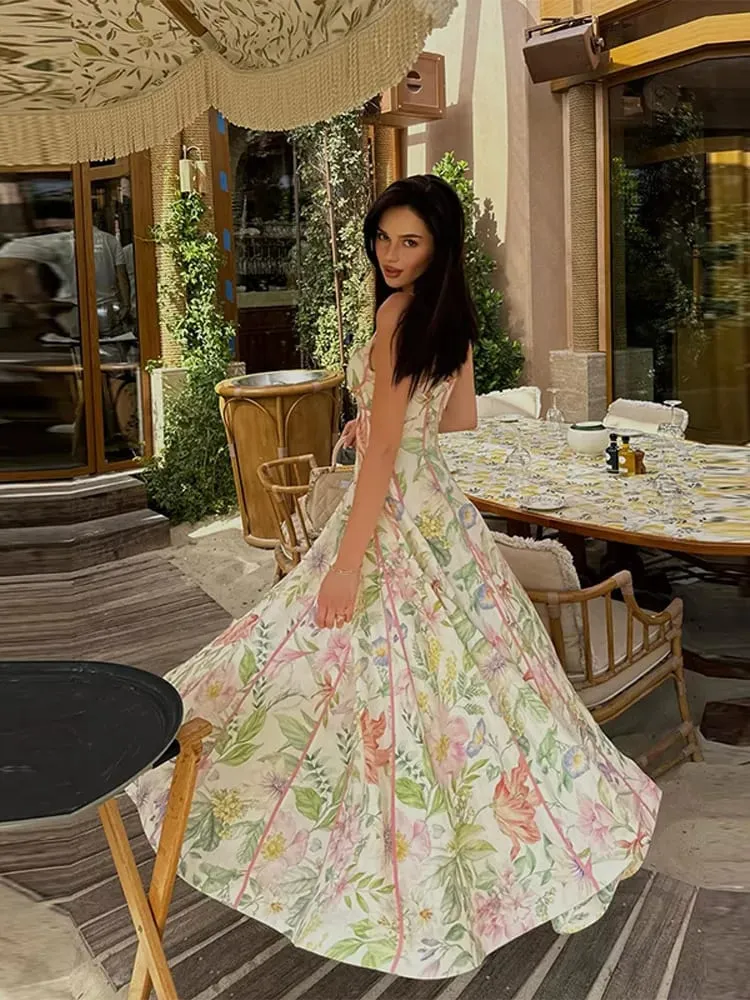 Floral Print Women 's Maxi Dress Spaghetti Strap Corset A Line Long Dresses Female 2026 Summer Fashion Vacation Woman Vestidos
