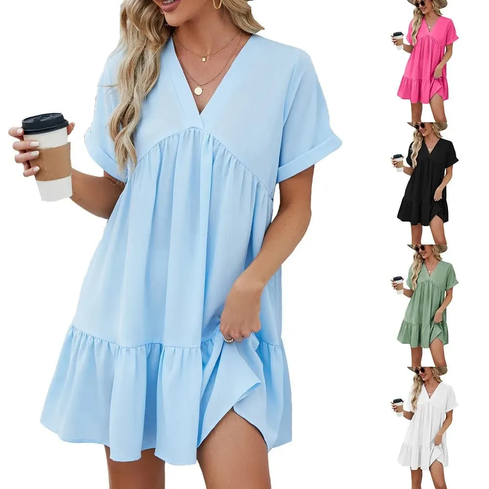 Summer White Dress V Neck Short Sleeve Loose Fit Dresses Pleated Midi A Line Pastel Pink Women's Casual Summer Woman Clothing — image 1