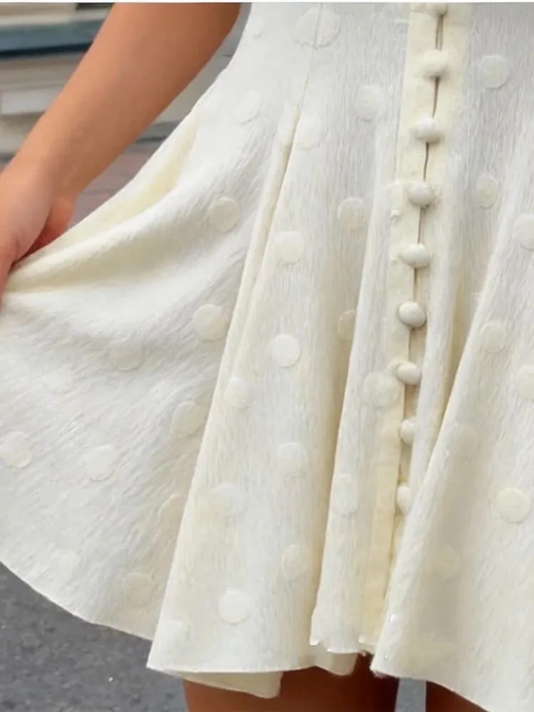 Polka Dot Slim Women Summer Mini Dress Solid Deep V-neck Puff Sleeves Pleated Front Button Short Dresses 2026 Lady Daily Wear