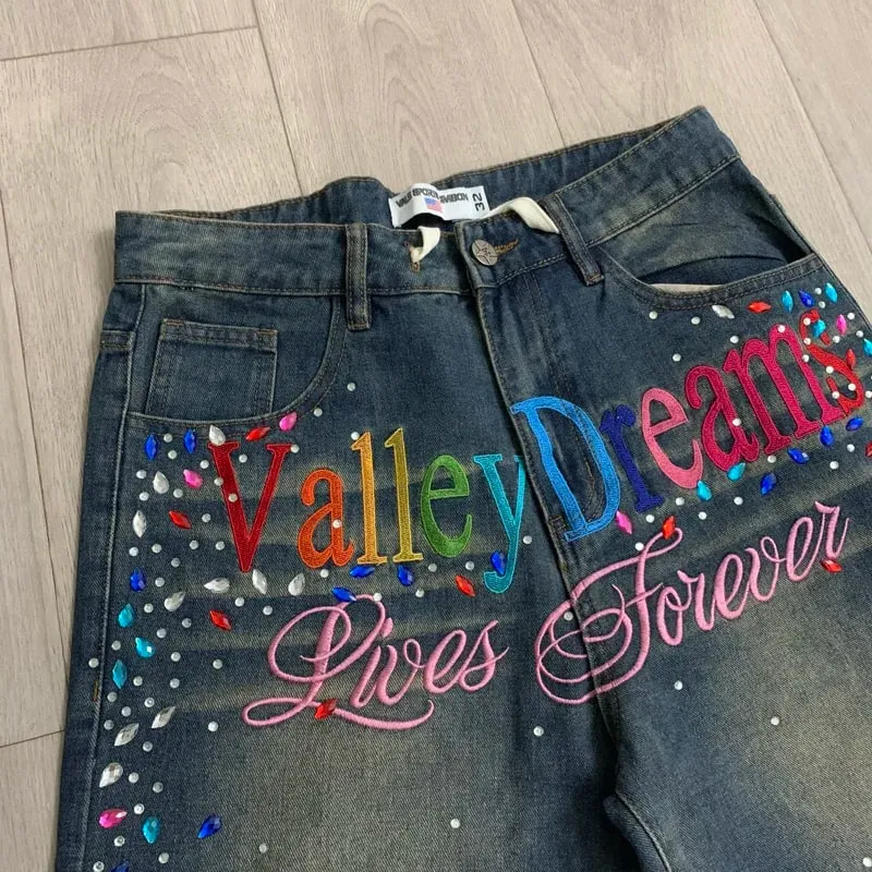 2026 Latest Style VALLEY Shiny Diamond Logo Denim Shorts Vintage Washed Men Women High Quality Fashion Skinny Jeans
