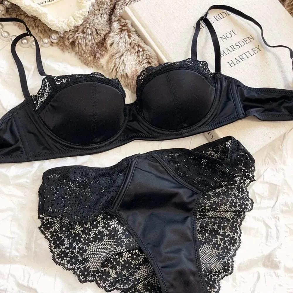 Set Lingerie Setengah Cangkir Prancis Wanita Bra Pakaian Dalam Tipis Tipis Musim Panas Tali Tipis Push-Up Berkawat Lembut 32-38AB