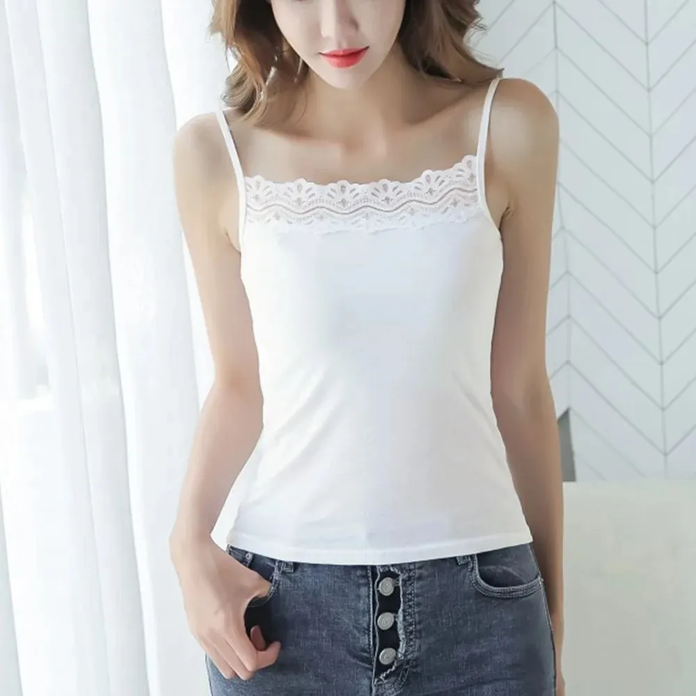Casual Spaghetti Strap Summer Tank Tops With Lace Slim Cami Top Shirt Sport Underwear Vest Corset for Women