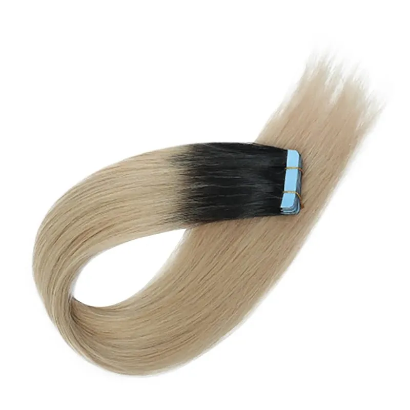 Black to Light Gray Color Tape in Hair Extensions Human Hair Seamless Tape Hair Extensions Skin Weft PU Tape On Hair 20Pcs 30G