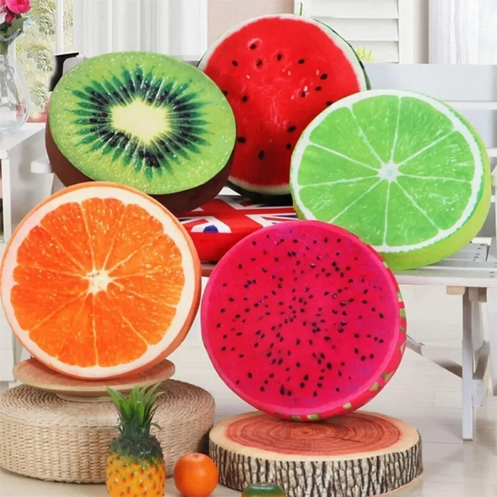 Soft Round Fruit Pillow Simulation Fruit Slice Print Seat Cushion Stuffed Inner Plush Fabric Sofa Cushion Sofa Decor