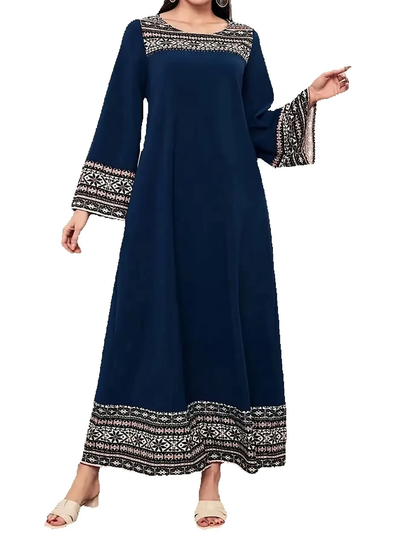 Spring and summer elegant casual retro style geometric print round neck long sleeved loose dress long skirt