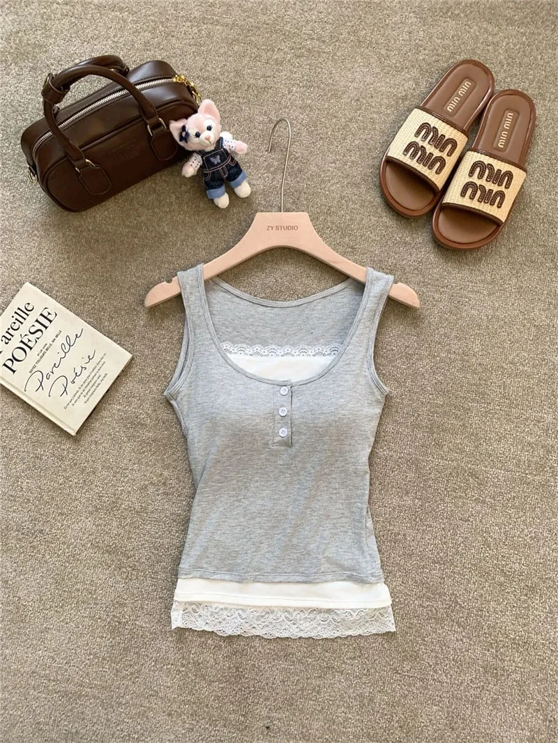 Women Fake Two Piece Lace Trim Tank Tops With Built-in Bra Pads Ribbed Viscose Sleeveless Camisole Slim Fit Crop Vest A6493 — image 4