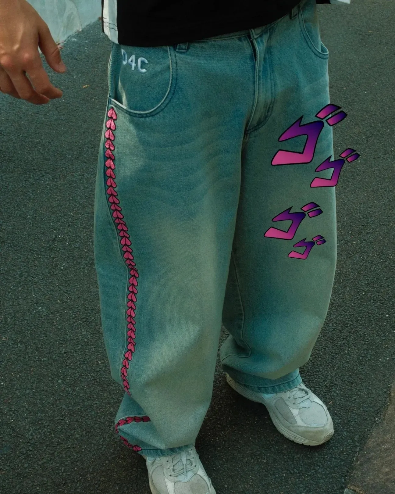 Y2K Anime JoJo Street High Waisted Loose Jeans Pink Heart-shaped Embroidery Loose Washed Denim Pants Wide Leg Pants
