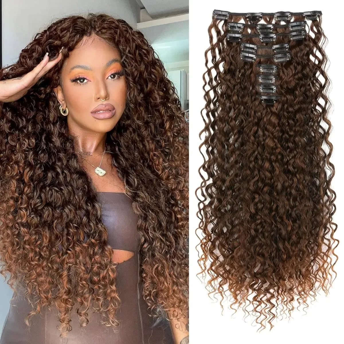 9PCS Clip-in Hair Extensions Kit Long Soft Curly Hair Extension Synthetic Kinky Curly Hairpieces Full Head Fake Pieces for Women
