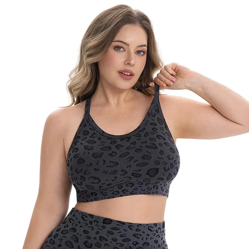 Women Plus Size Leopard Print Workout Set High Waist Tummy Control Shorts Padded Racerback Sports Bra 2PCS Gym Yoga Running Wear