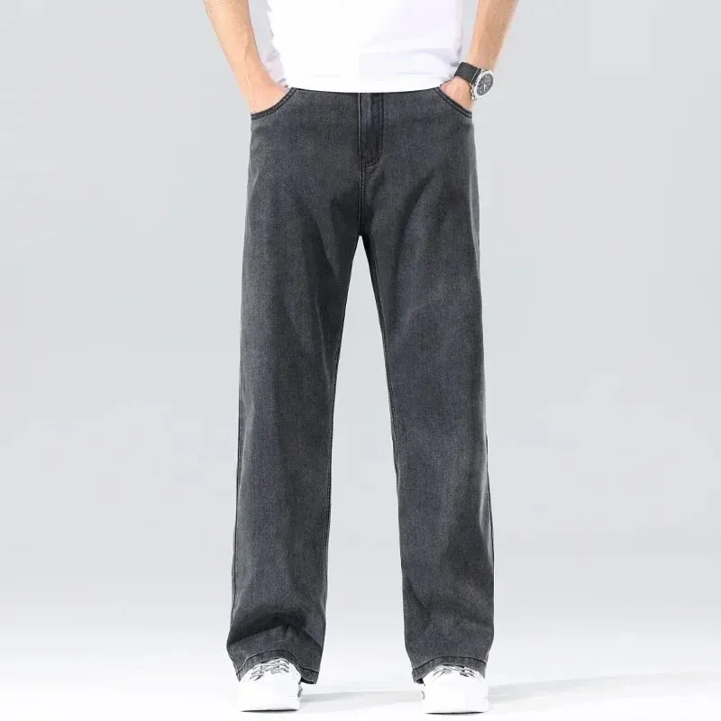 Men's Loose Jeans Summer Fashion Drape Soft Fabric Ultra Thin Pants Wide Legs Ice Silk Lyocell Business Straight Denim Trousers — image 5