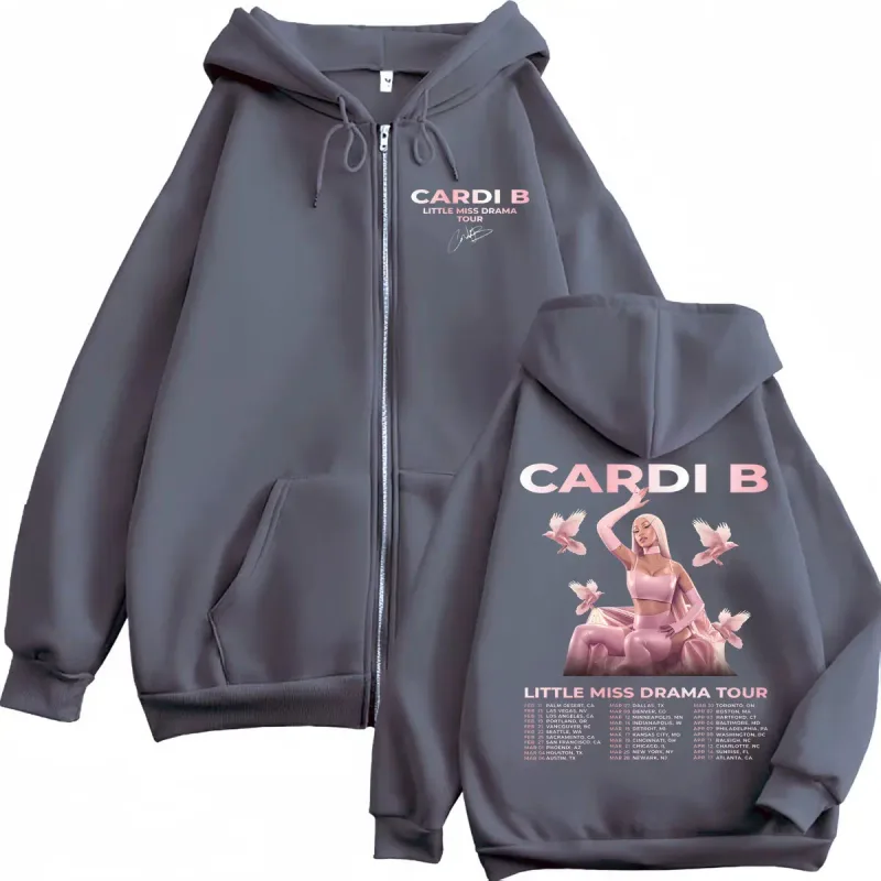 Rapper Cardi B Little Miss Drama Tour 2026 Zipper Hoodie Fashion Aesthetic Zip Up Sweatshirts Men Women Casual Loose Pullovers — image 3