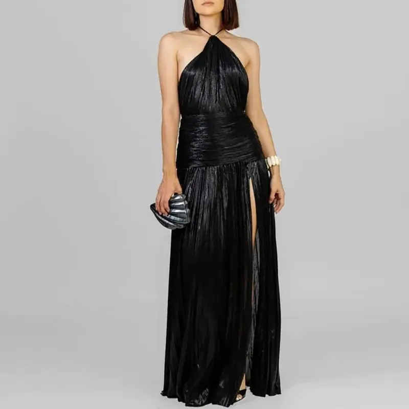 ทองเซ็กซี่ Halter สูงแยกชุดราตรีผู้หญิง Chic Solid Hollow จีบยาวชุดฤดูใบไม้ผลิฤดูร้อน Backless Zip Maxi ชุด