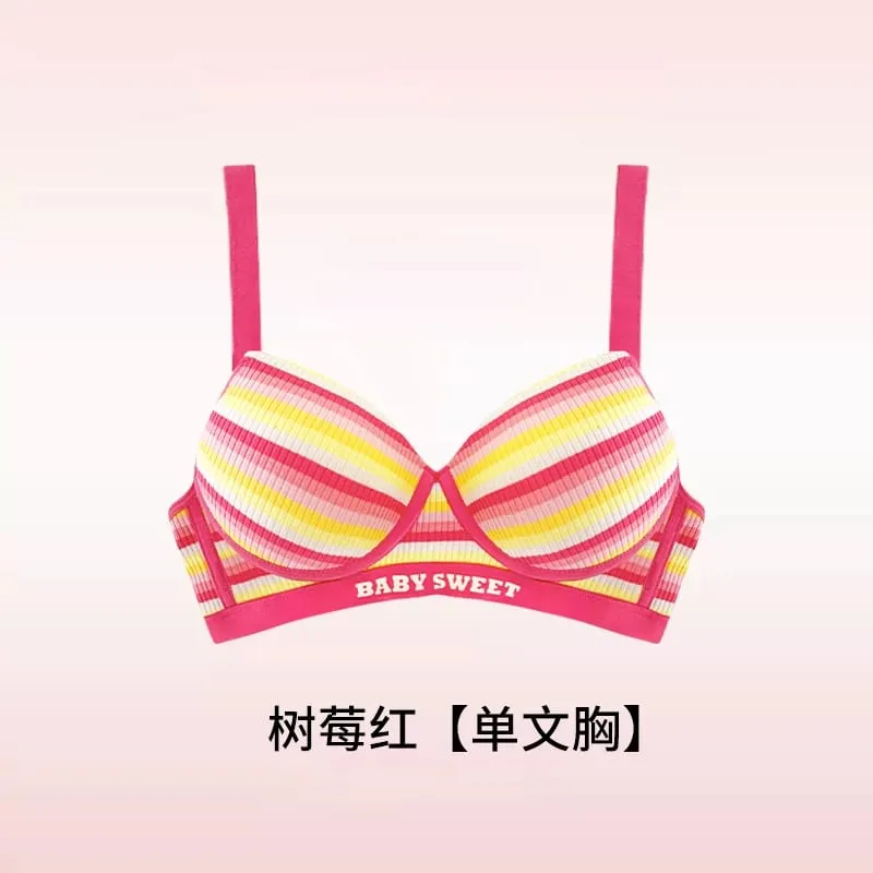 Stripe Women's Bra Set Gathered Anti-Sagging Small Chest Side Breast Reduction Underwear Cute Style Nylon