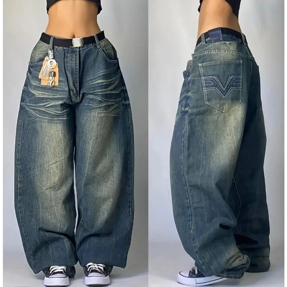 Fashion Gothic New Black Solid Color Washed Old Casual Jeans Men Y2K Street Cloth Vintage Popular High Waist Loose Wide Leg Pant
