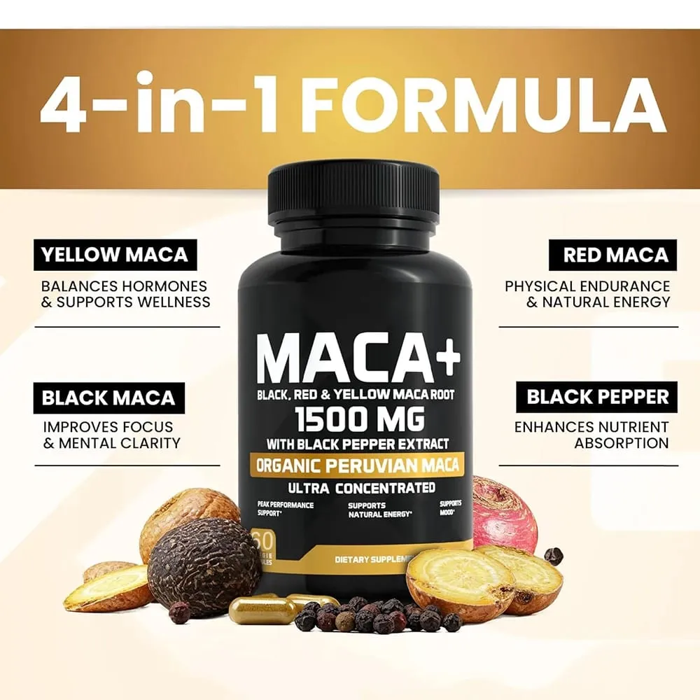Organic Maca Root Powder Capsules 1500mg with Black+Red+Yellow Peruvian Maca Root Supplement for Men and Women - Vegan Pills — image 4