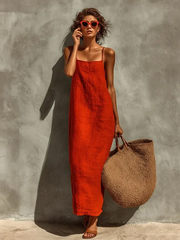 2026 Summer Women Cotton Linen Spaghetti Strap Maxi Dress Solid Color Loose Sleeveless Slip Long Dress Bohemian Beach Vacation S