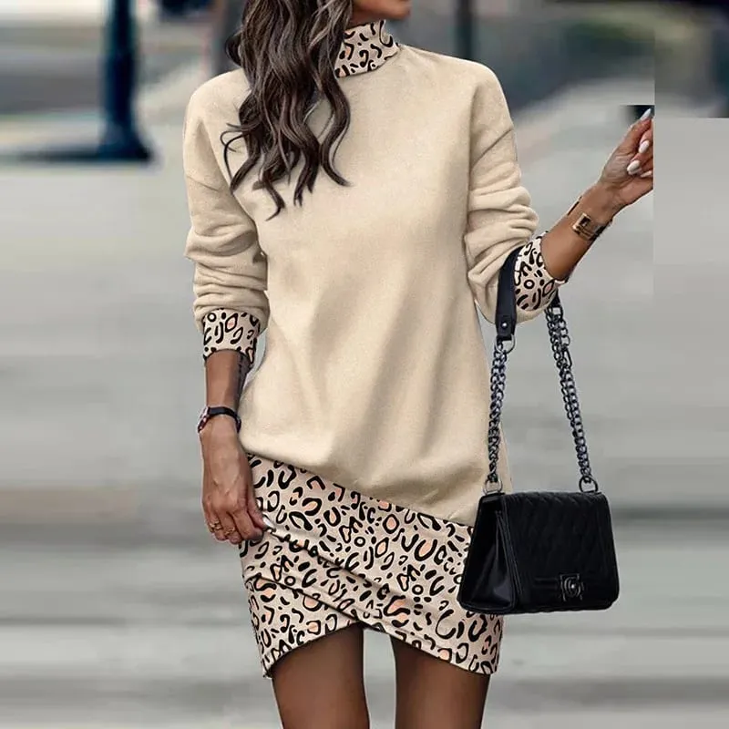 Women Striped Patchwork High Neck Sweatshirt Dress Long Sleeve Irregular Hem Casual Loose Mini Dress