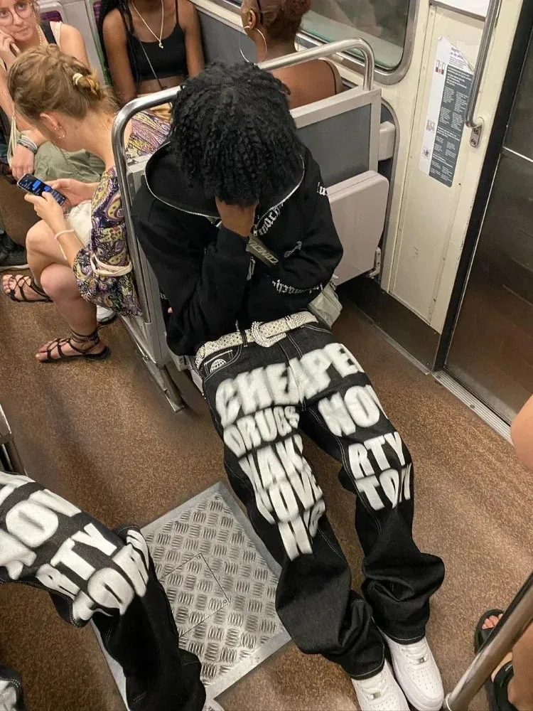 Y2k Wide Leg Jeans 2026 New Trend Hip Hop Letter Printed Black Pants Men Women Fashion Punk Loose Straight Trousers Streetwear