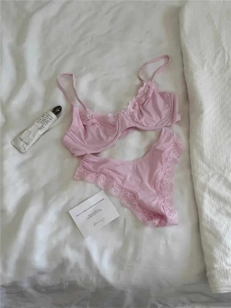 สีชมพูUnlinedเต็มถ้วยBraชุดUnderwire Lace Trim LiftสบายMinimalistไม่มีรอยต่อผิวทุกวันBrasและPanty