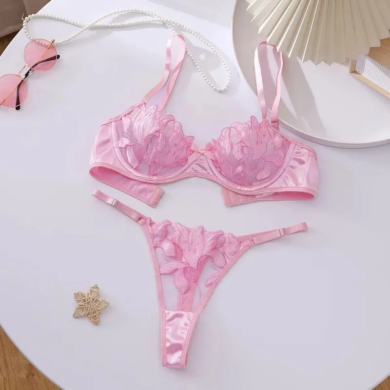 Floral Embroidery Sexy Lingerie Set for Women Underwear Transparent Bralette Underwire Push Up Bra and Panty 2 Piece Set